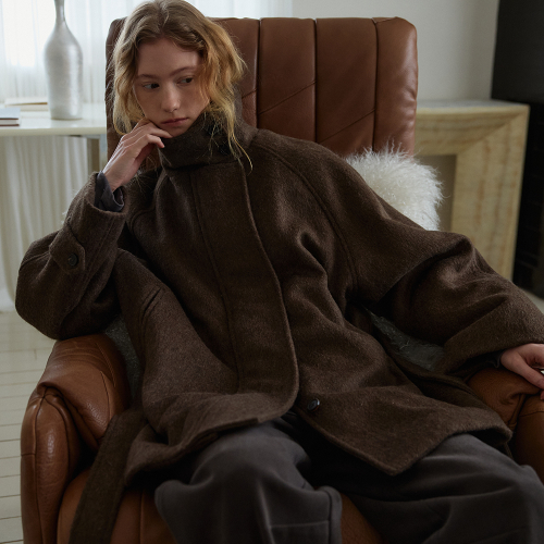 High Neck Belted Coat (Brown)