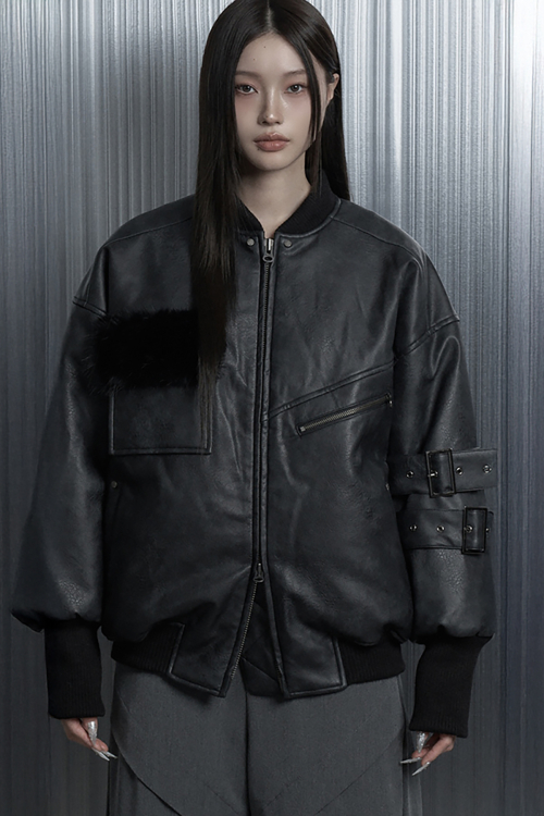 Leather Classic Side Belt Bomber Jacket (Black)