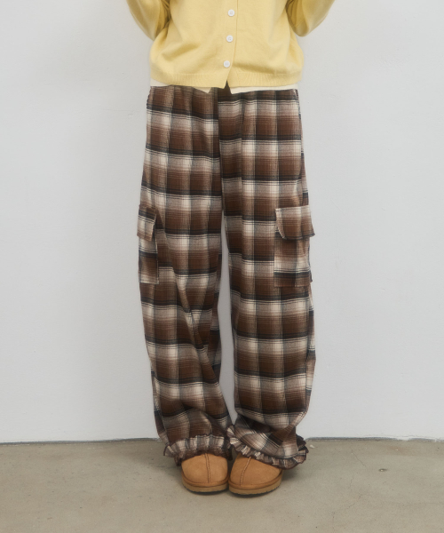 CHECK FRILL POCKET PANTS_BROWN