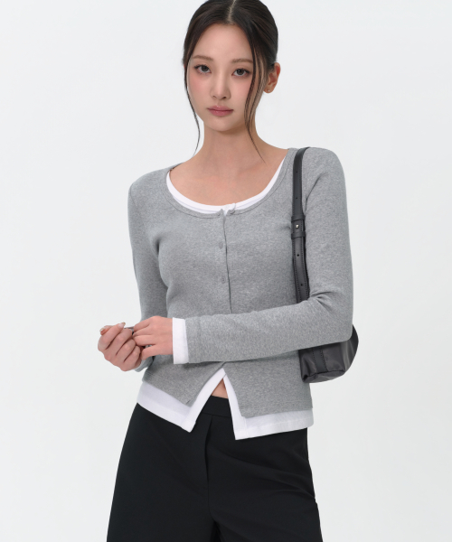 Women's Ribbed Slim Scoop Neck Layered Jersey Cardigan [Melange Grey] preview