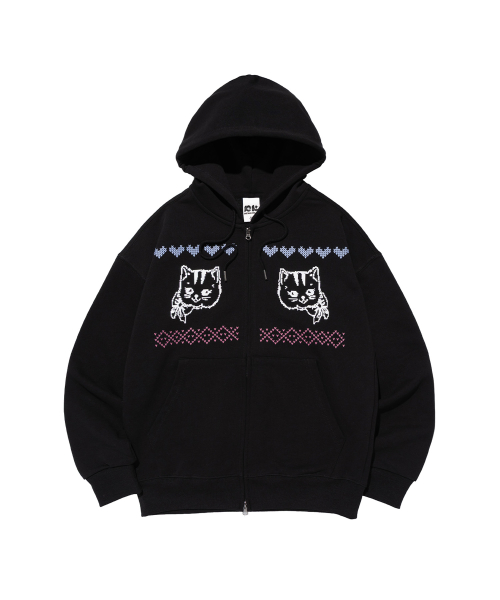 NORDIC CAT HOOD ZIP-UP (BLACK)