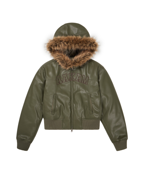 Hooded Fur Leather Jacket (Khaki)