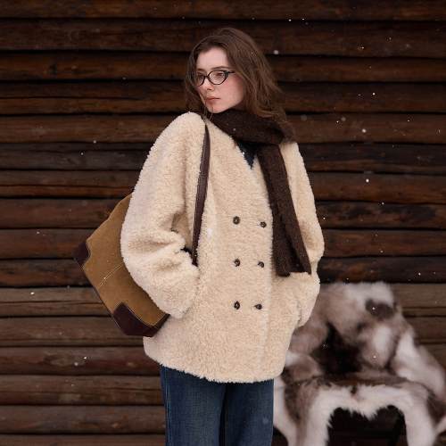 SR_V-neck fur integrated пальто