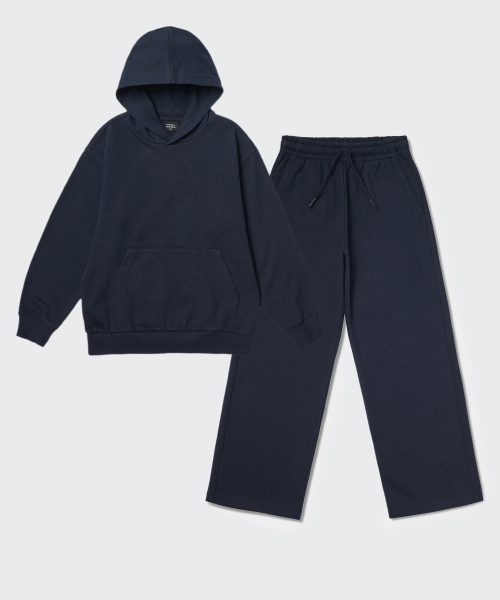 무신사 스탠다드 키즈() 오버사이즈 후디드 스웨트셔츠 & 라운지 스웨트 팬츠 셋업 [네이비] 상품 이미지