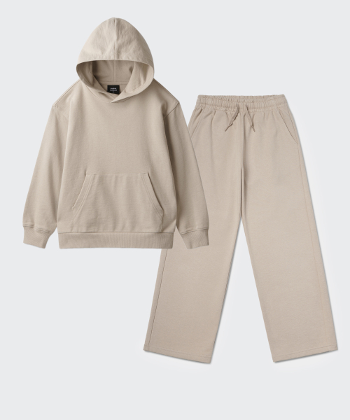 무신사 스탠다드 키즈() 오버사이즈 후디드 스웨트셔츠 & 라운지 스웨트 팬츠 셋업 [더스티 베이지] 상품 이미지