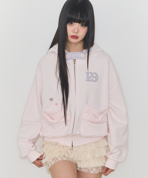 CHECKER BOW POCKET HOODED ZIP-UP BABY PINK