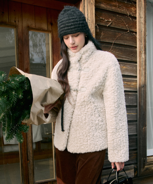 High Neck Toggle Fur Jacket Cream