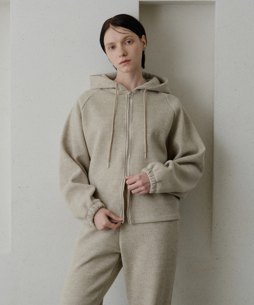 Knit Hoodie Zip-up Beige [T54]