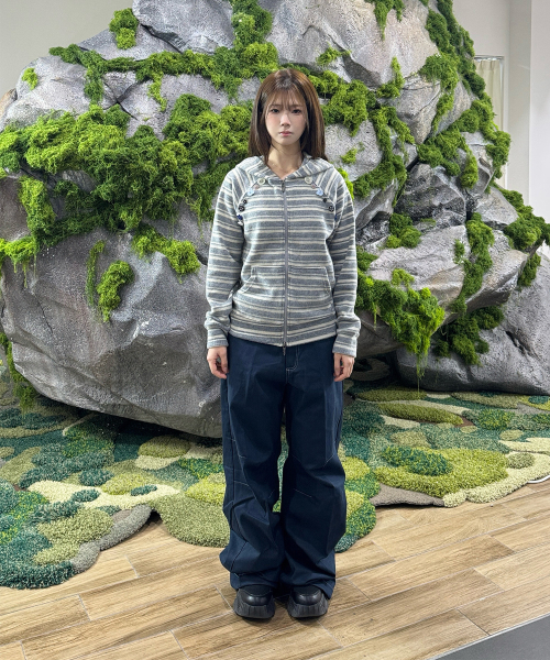 탄산마그네슘() 오디피기X탄산 스트라이프 버튼 후드집업 아이보리 상품 이미지