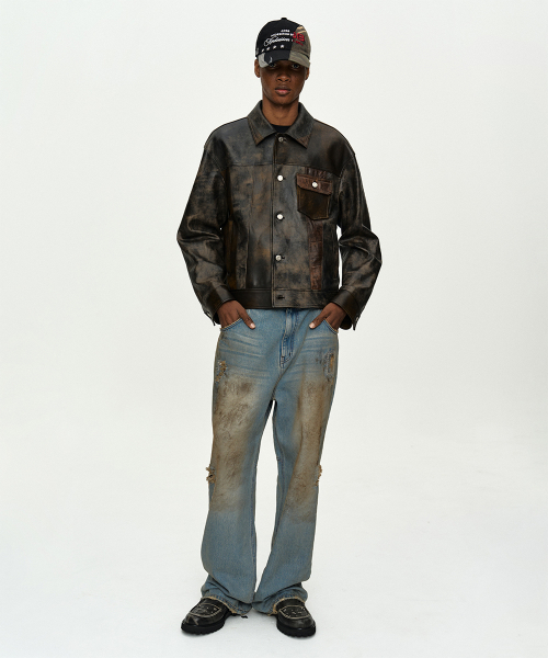 UNISEX DESTROYED WIDE-LEG JEANS apa864u(BLUE)