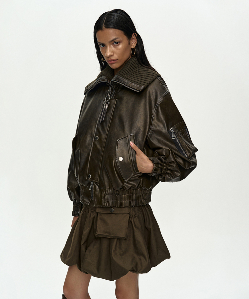 KNIT-COLLAR MA-1 BOMBER JACKET awa756w(KHAKI)