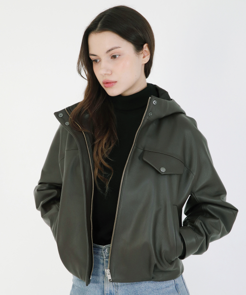 Hooded leather cropped jacket