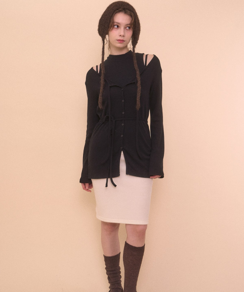 STRAP LONG SLEEVE CARDIGAN-BLACK