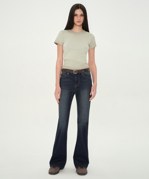WOMENS LOW-RISE SLIM FLARE DENIM PANTS [DARK BLUE]