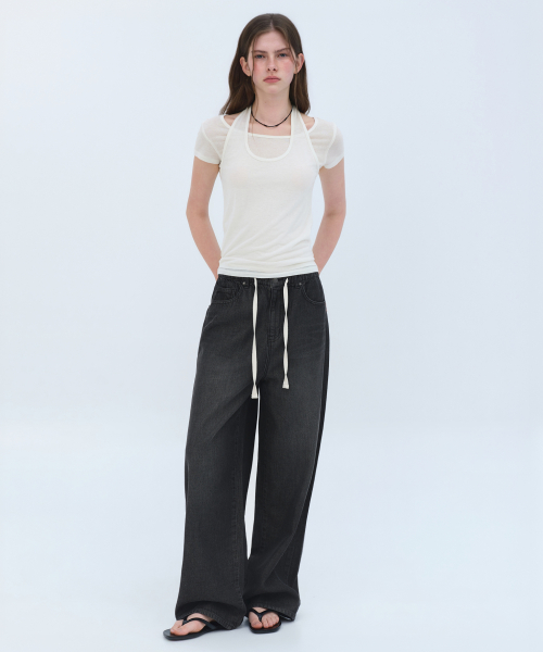 Wide Denim Pants [Washed Black]