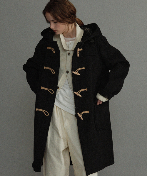 WOMENS CLASSIC FIT DUFFLE COAT WITH WOODEN - CHARCOAL