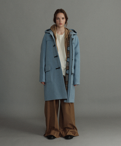 WOMENS CLASSIC FIT DUFFLE COAT WITH HORN - BABY BLUE