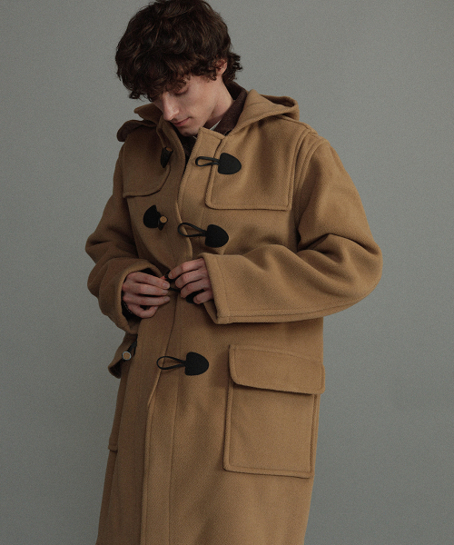 CLASSIC HERRINGBONE DUFFLE COAT WITH HORN - CAMEL
