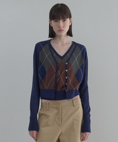 Argyle V-Neck Cardigan [NAVY]