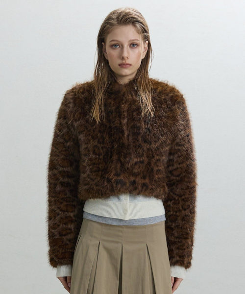 Leopard Print Faux Fur Jacket [BROWN]