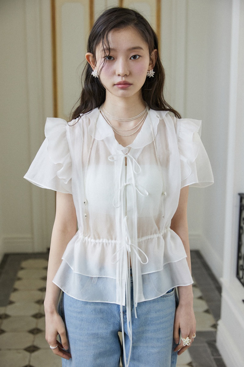 String Ribbon Sheer Blouse