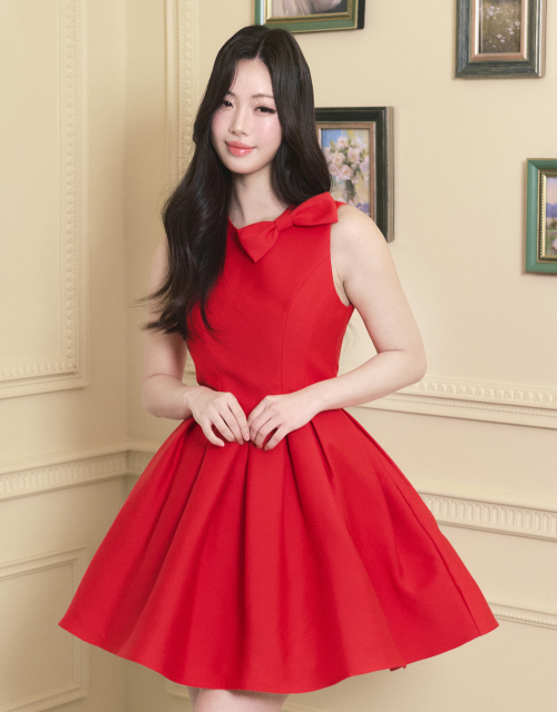 [LADY LINE] Ophelia Ribbon Point Sleeveless short Balloon Dress Red