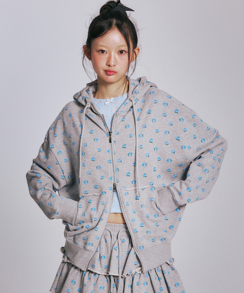 FLOWER PATTERN HOOD ZIP-UP_MELANGE GREY