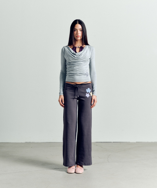 LAYERD BEADS COWL NECK T-SHIRT MELANGEGRAY