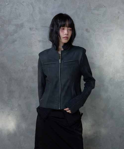RIBBED SLEEVE LEATHER JACKET