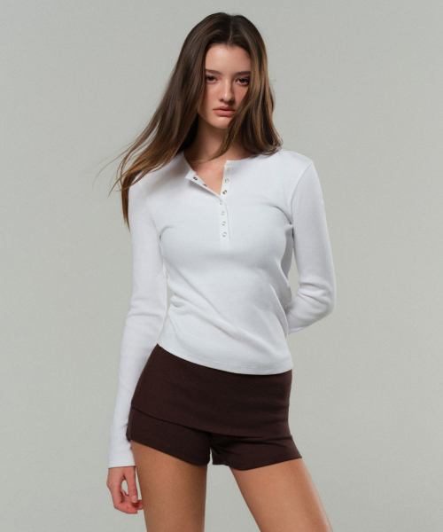 Womens Ribbed Slim Henry Neck Long Sleeve T-Shirt [White]