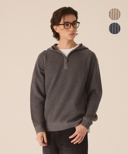 Two-tone Rib hooded knit -2color