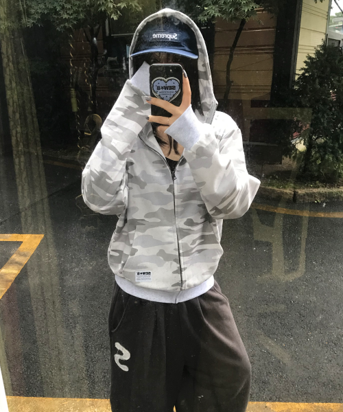 High-Neck White Camo (Semi-Over) Hooded Zip-Up preview
