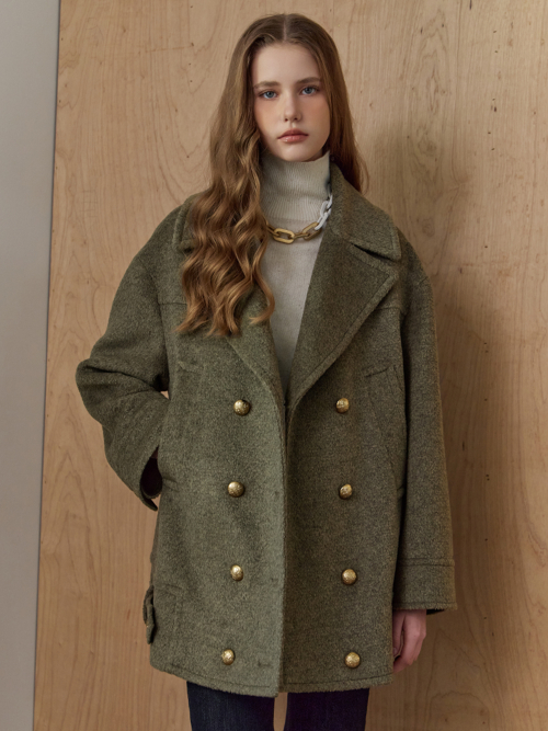 Двубортное пальто с меховым воротником и бижутерией, Khaki