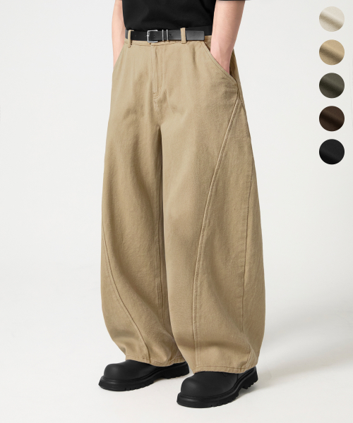 커브드 와이드 절개 코튼 팬츠