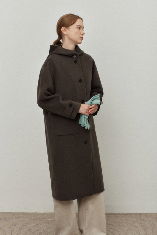 Cashmere hood long coat_Khaki