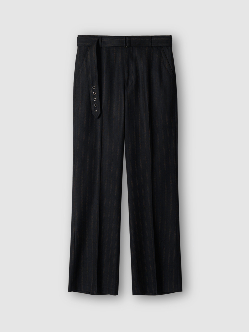 HERRINGBONE BELTED STRAIGHT FLARE TROUSERS BLACK