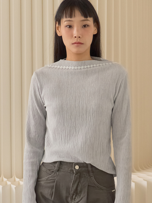 Velvet Crinkle Rib Long Sleeve Top_Gray