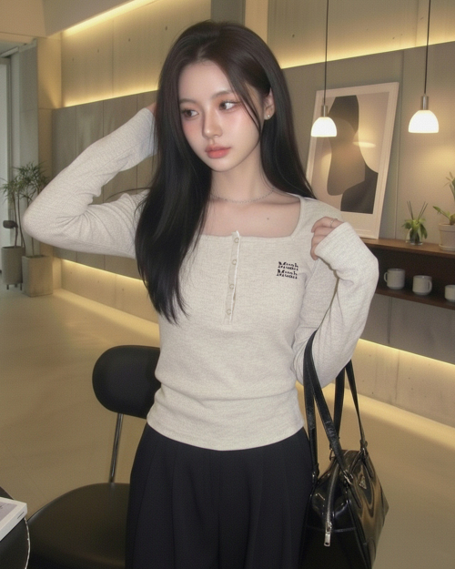 SQUARE HENLEY NECK STITCH T-SHIRT [4color]