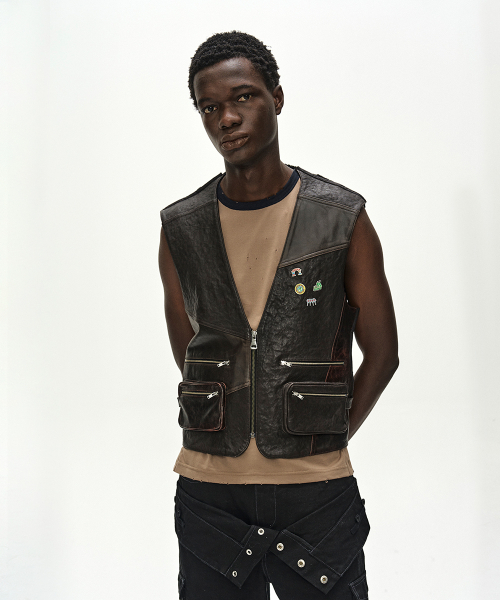 BACK KNIT PATCHWORK LEATHER VEST atb1467u(BROWN)