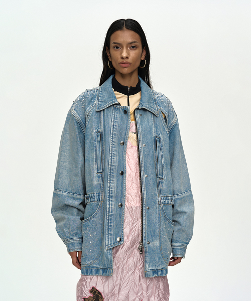 JEWELED DENIM WORK JACKET awa754w(BLUE)