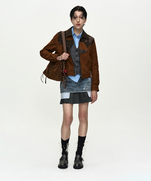 PAINTED DENIM LAYERED MINI PLEATS SKIRT apa884w(BLUE)