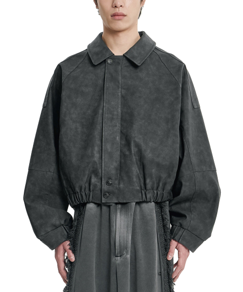 [POG:SERVICE x AJOBYAJO] Faded Panel Faux Leather Jacket [BLACK]