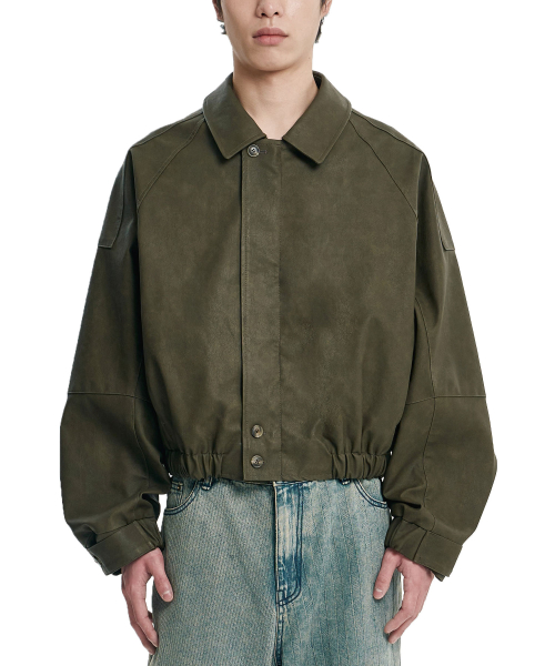 [POG:SERVICE x AJOBYAJO] Faded Panel Faux Leather Jacket [KHAKI]