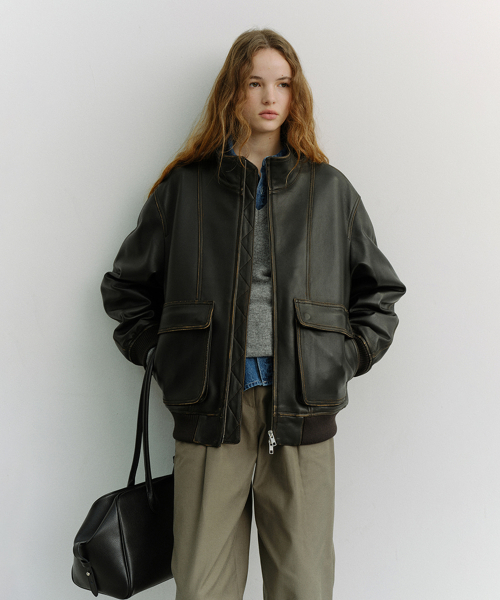 UNISEX STAND COLLARED LEATHER BLOUSON_UDJU6A104_BRUSHED BLACK