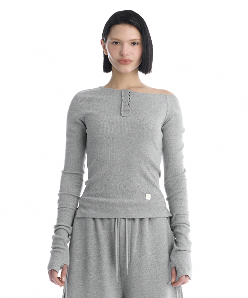 One-Shoulder Henley Neck Long Sleeve [ Melange Gray ]
