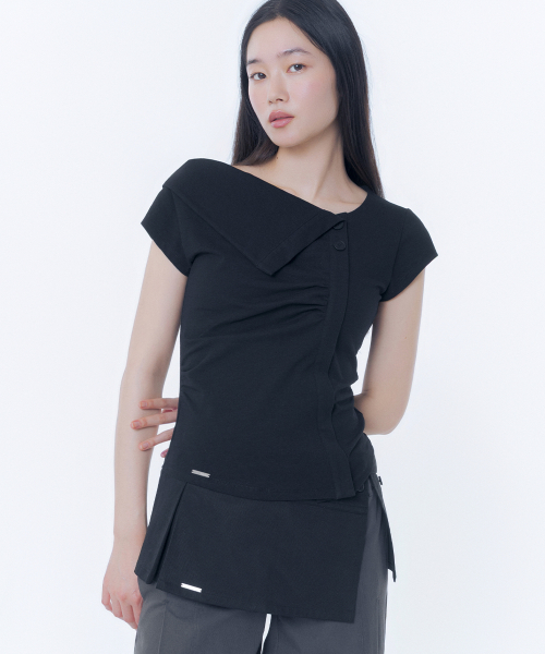 미세키서울(MISEKI SEOUL) Folding collar shirring top BLACK