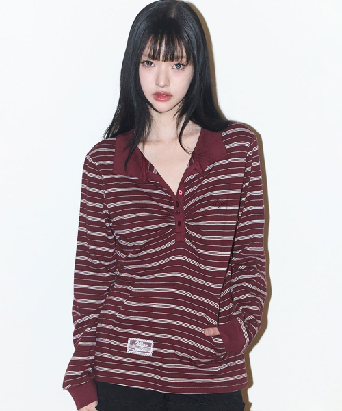 OPEN COLLAR ДЛИННЫЙ SLEEVE ТОП БОРДОВЫЙ