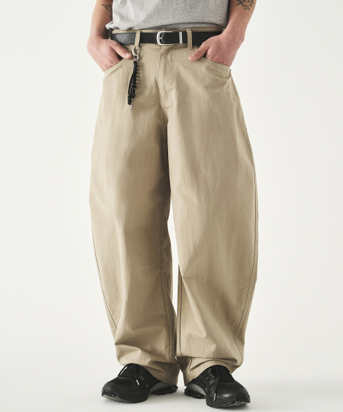 Curved Wide Cotton Pants_Beige