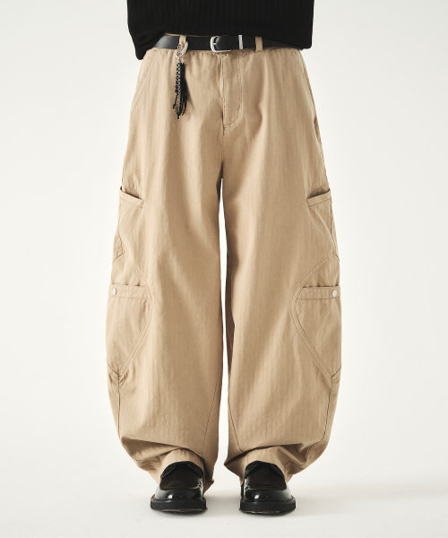 Herringbone Cotton Curved Cargo Pants_Beige