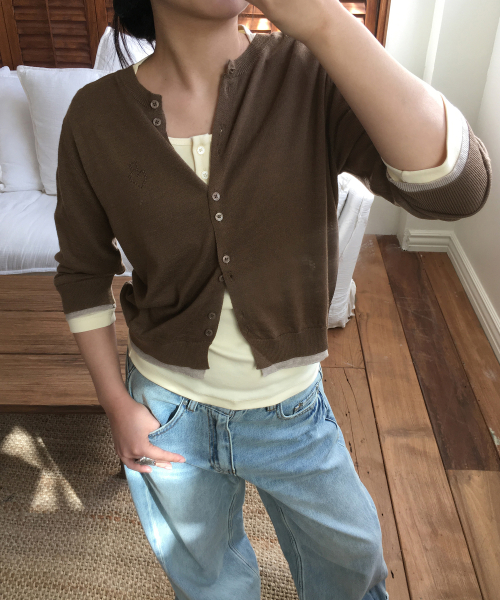 Базовый многослойный вязаный кардиган с коротким рукавом-Brown